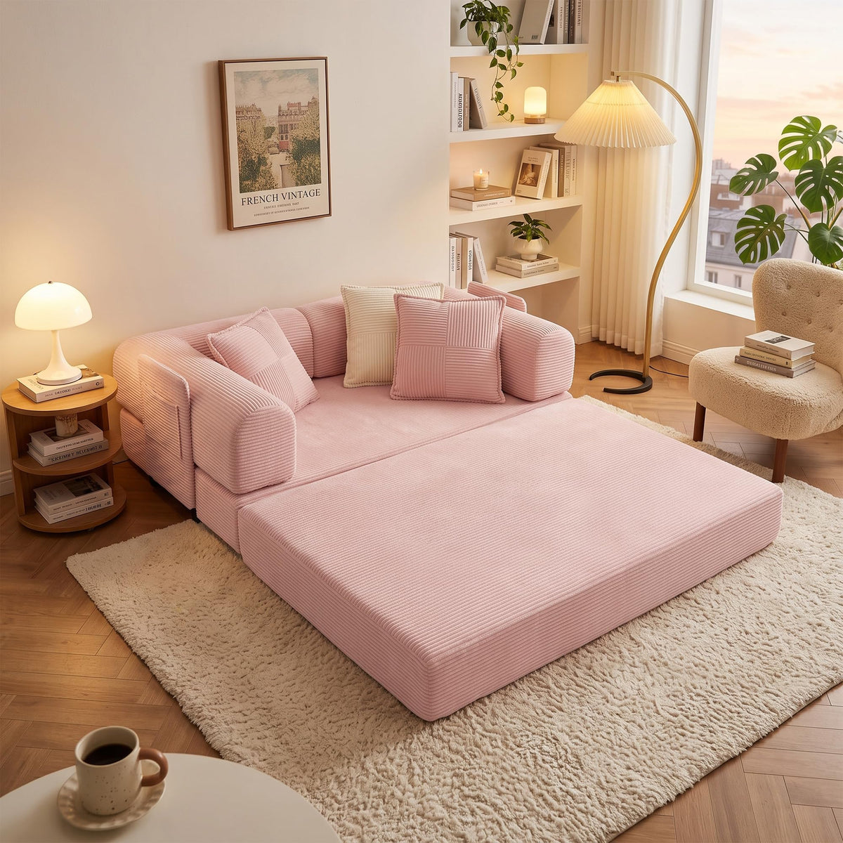 Pink Convertible Futon Sofa Bed with 3 Pillows Z245071