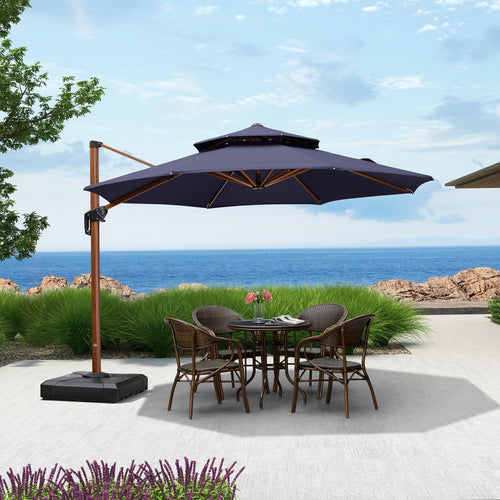 11ft Double Top Wood-Grain Finish Navy Blue Patio Umbrella T240